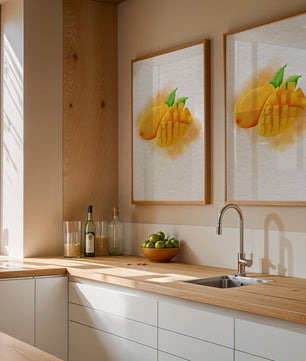 Watercolor depiction of a ripe mango with leaves on textured background