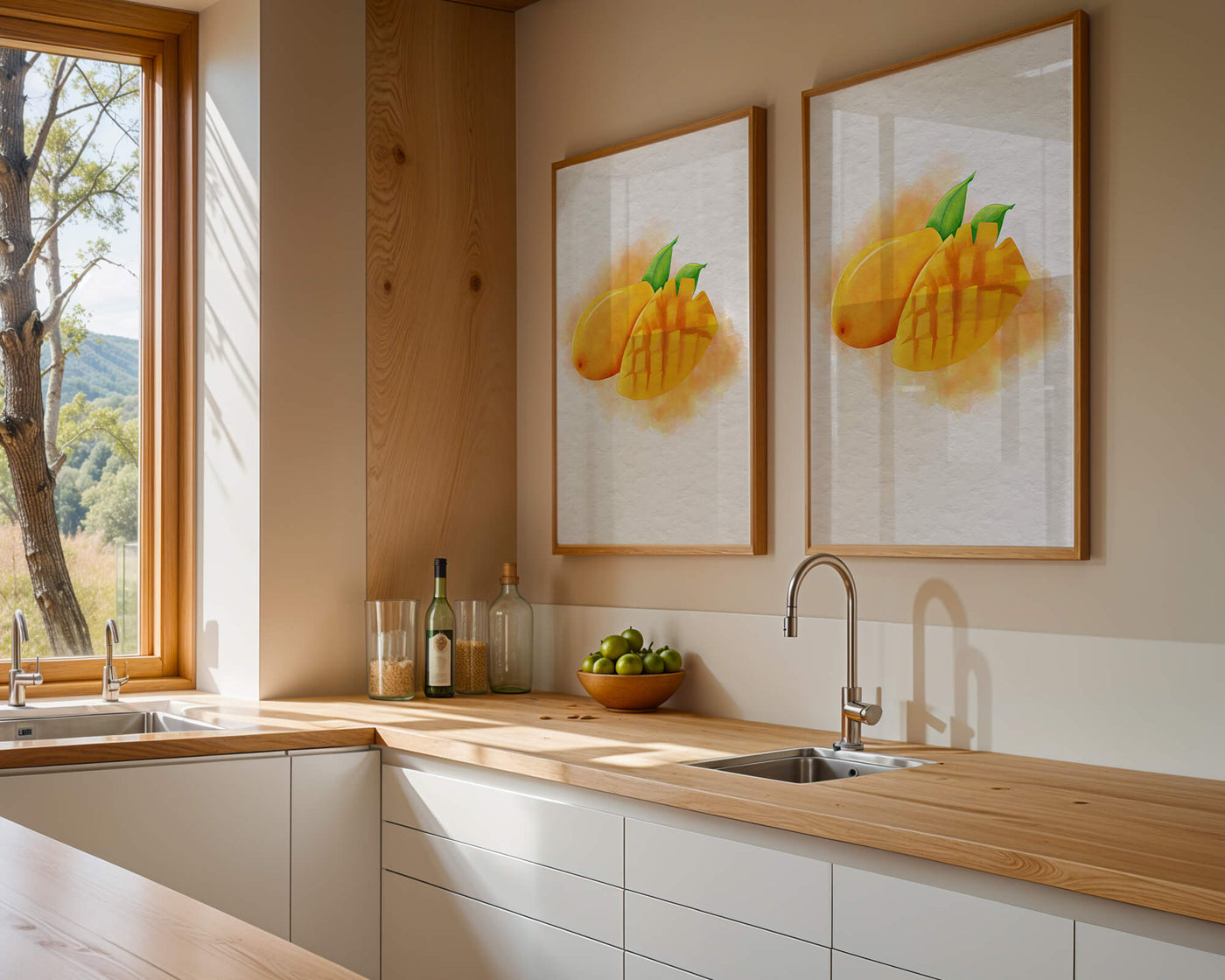 Watercolor depiction of a ripe mango with leaves on textured background