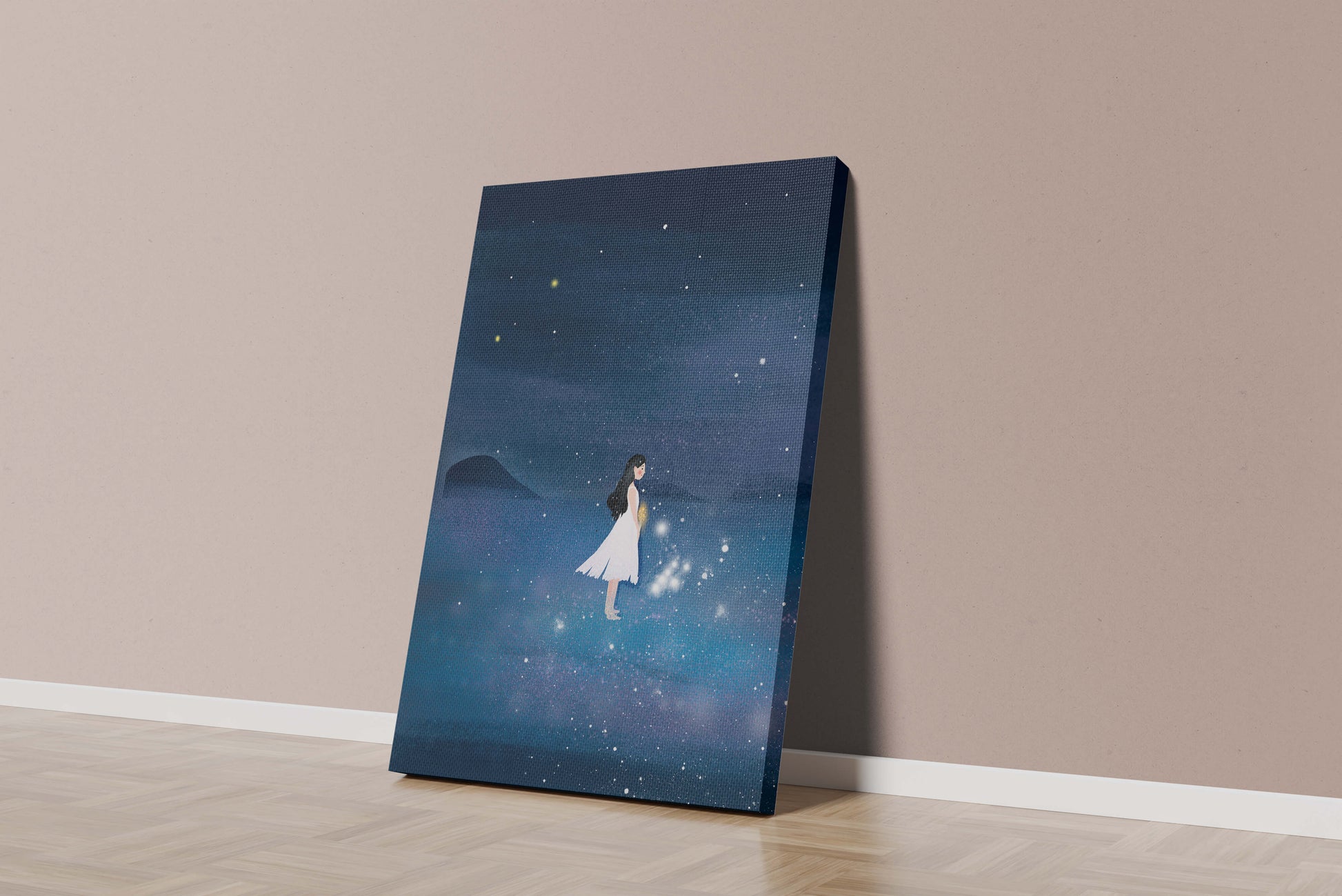 Girl in White Dress Gazing at Starry Night Sky