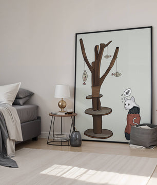 Illustration of a cat tree with a thoughtful cat in a sweater