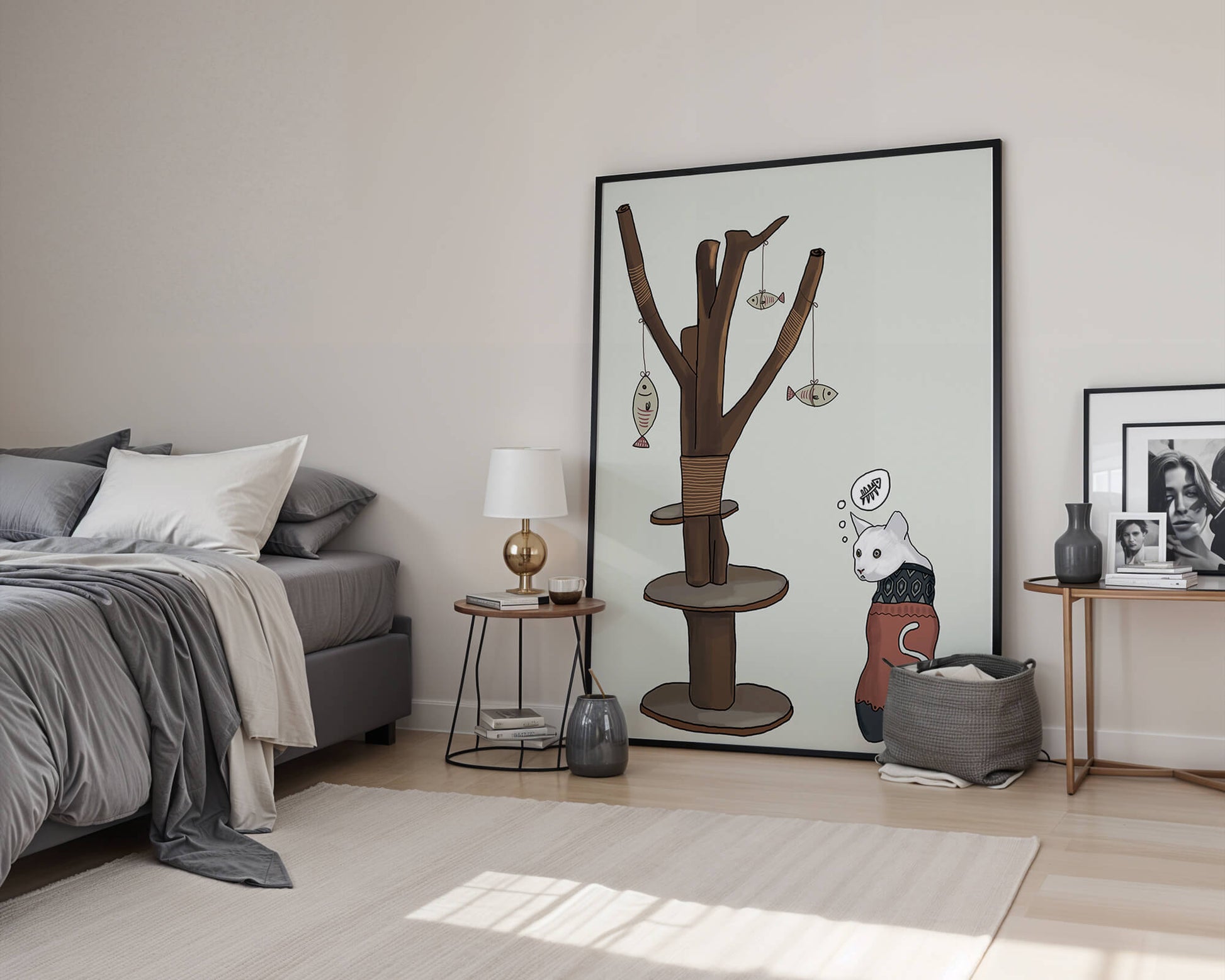 Illustration of a cat tree with a thoughtful cat in a sweater