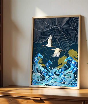 Grullas elegantes volando sobre olas doradas y un océano artístico