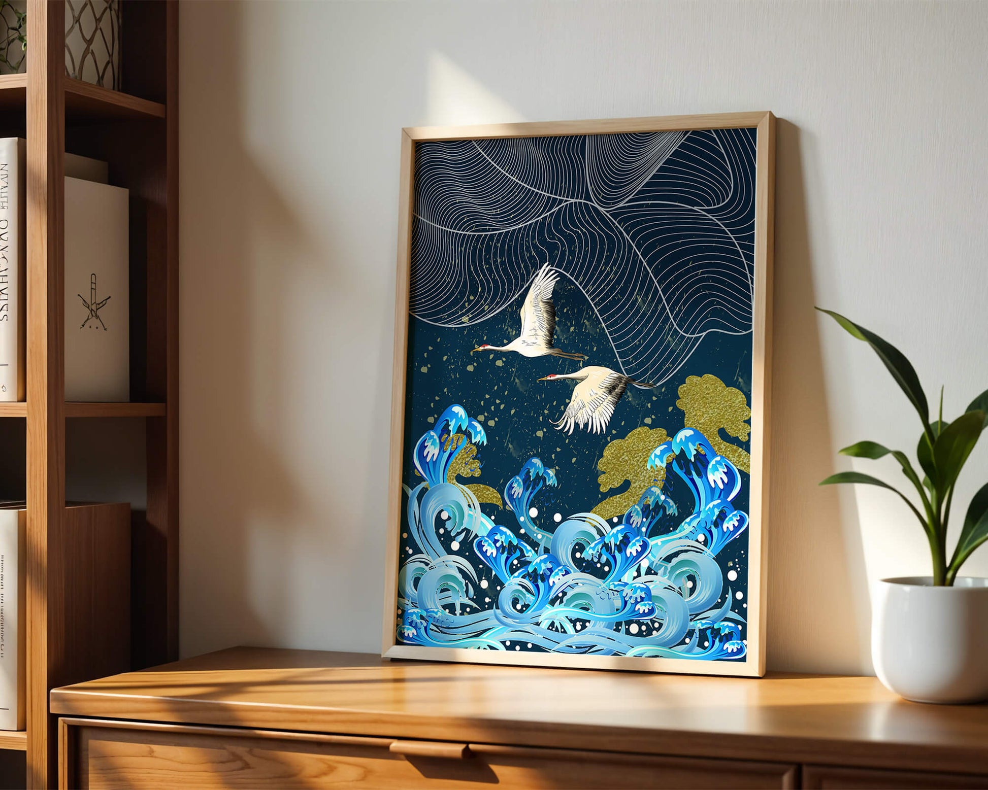 Elegant Cranes Flying Over Golden Waves and Artistic Ocean
