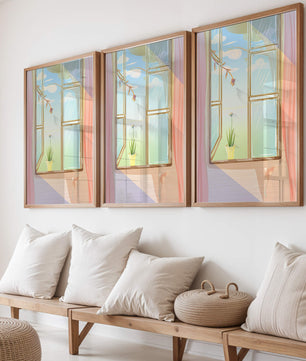 Tranquil open window with floral view and gentle sunlight