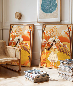 Illustration of a Girl in a Yellow Dress in Autumn Scenery