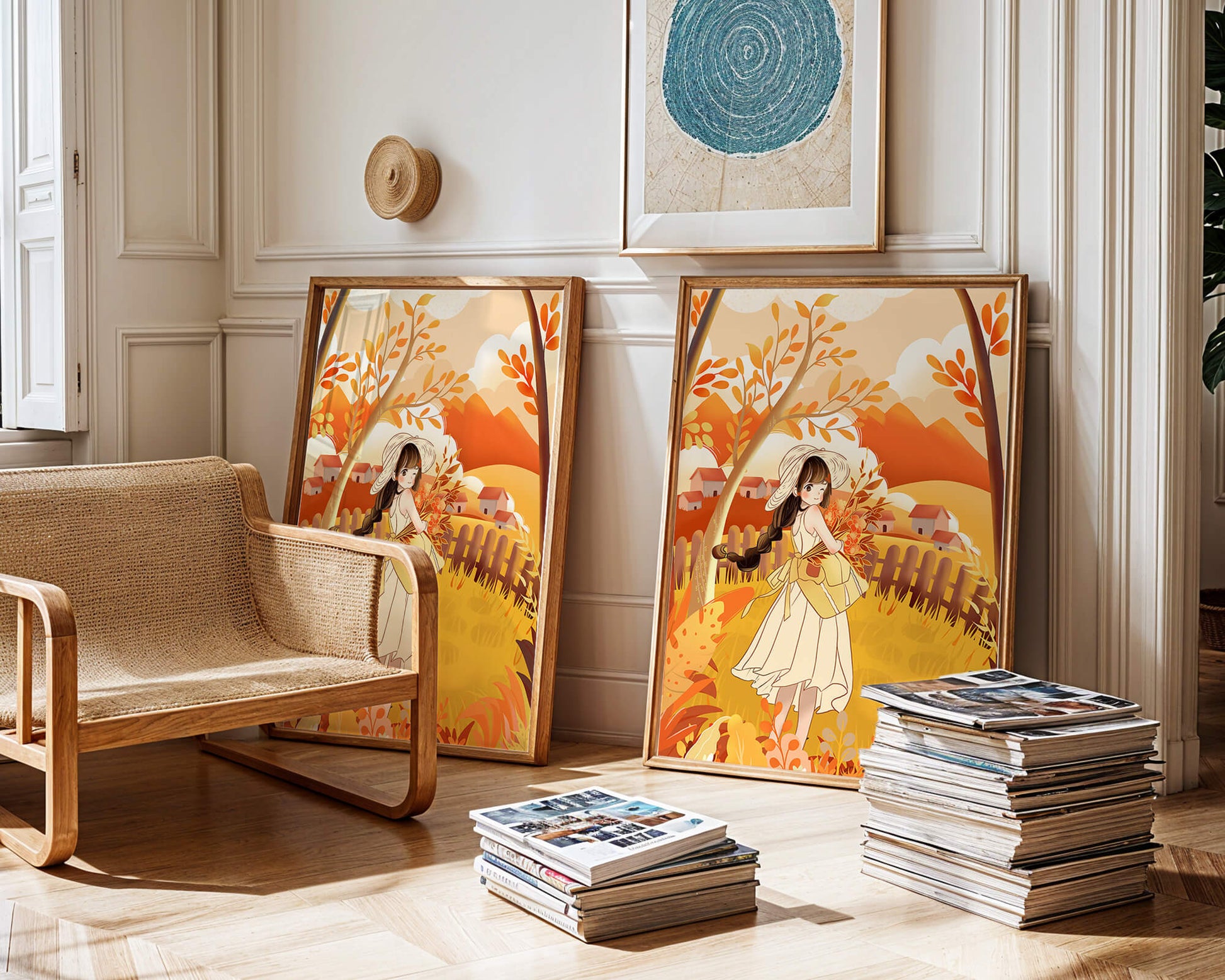 Illustration of a Girl in a Yellow Dress in Autumn Scenery