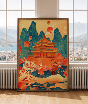 Traditionelles chinesisches Fest mit Laternen und Löwentanz