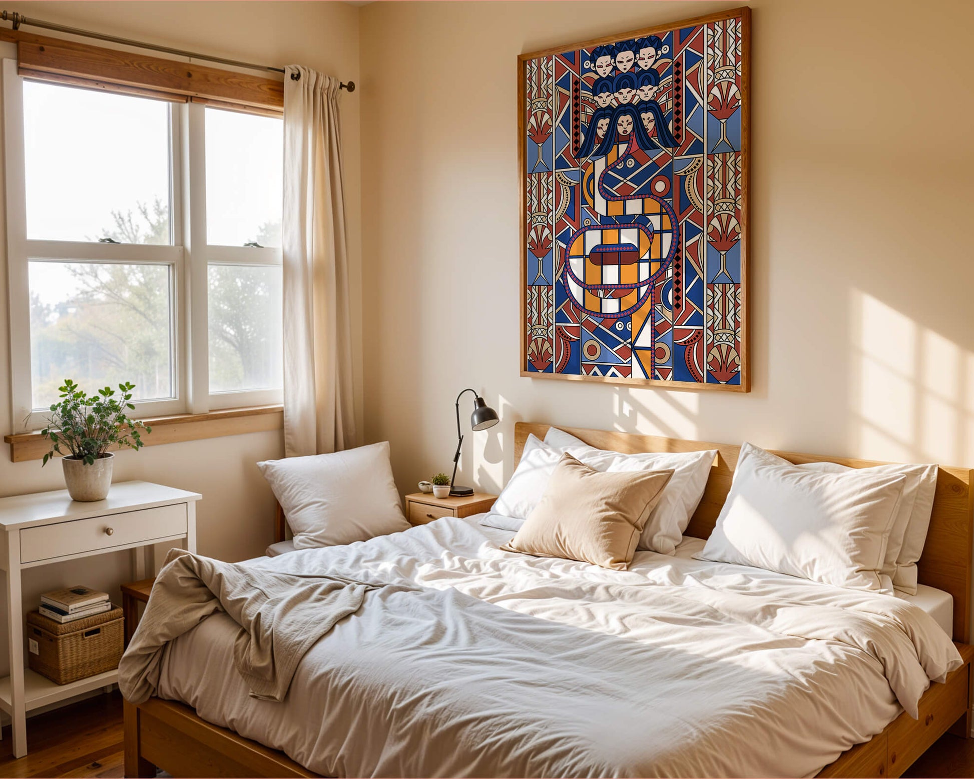 Patrón geométrico Art Decó con rostros y diseño simétrico