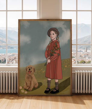 Jeune fille avec des tresses tenant des fleurs à côté d’un chiot heureux dans un champ paisible