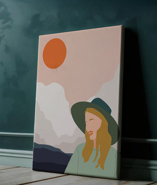 Abstrakte Illustration einer Frau mit Hut vor einer Kulisse aus Sonne und Bergen