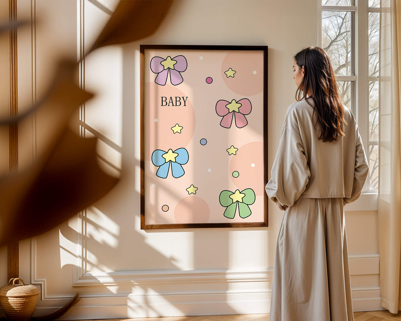 Colorful baby-themed backdrop with bows and stars