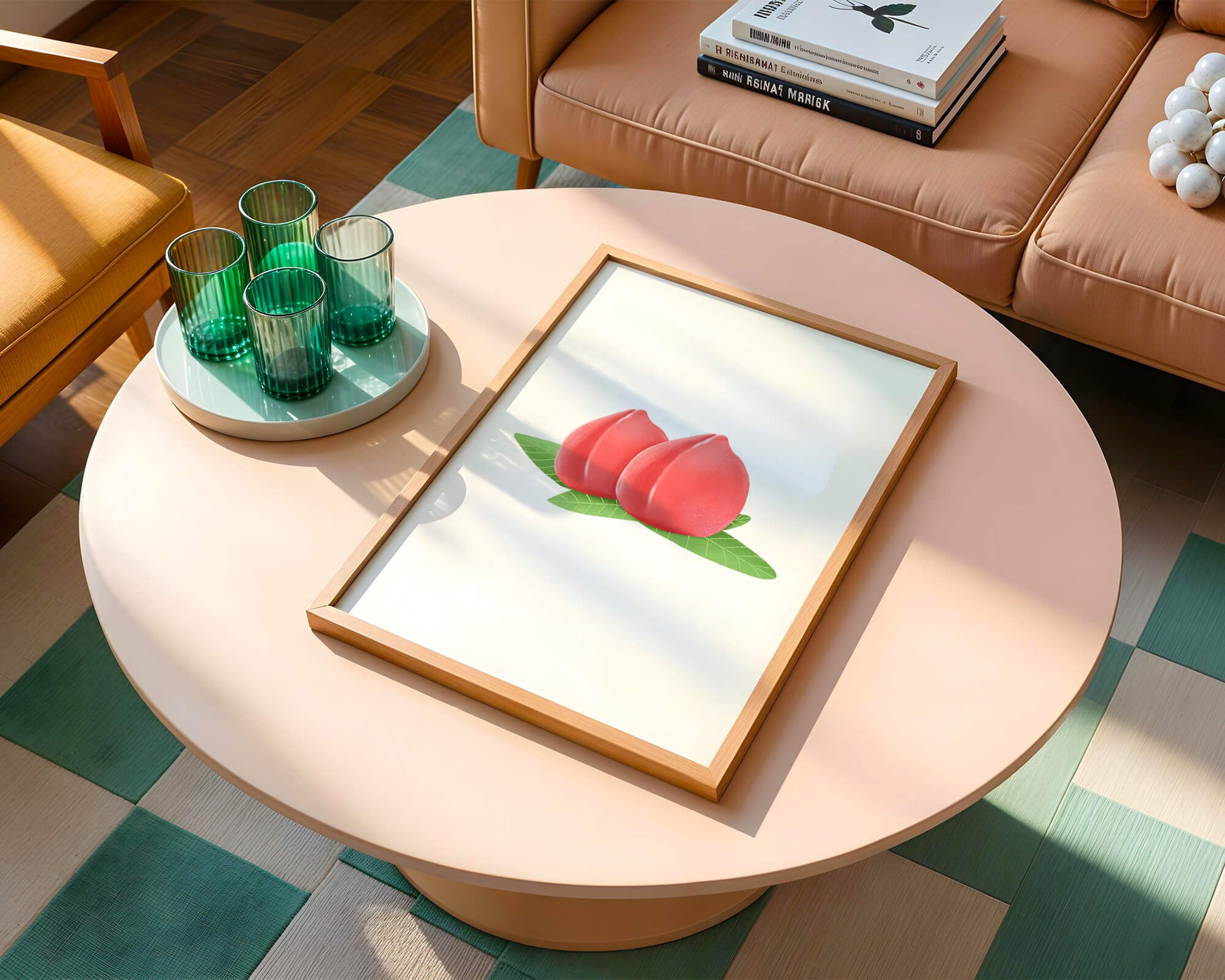 Realistic illustration of juicy peaches with green leaves
