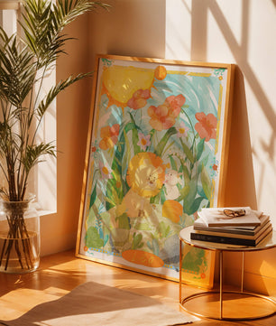 Charming watercolor illustration of lion and rabbit in a vibrant floral landscape