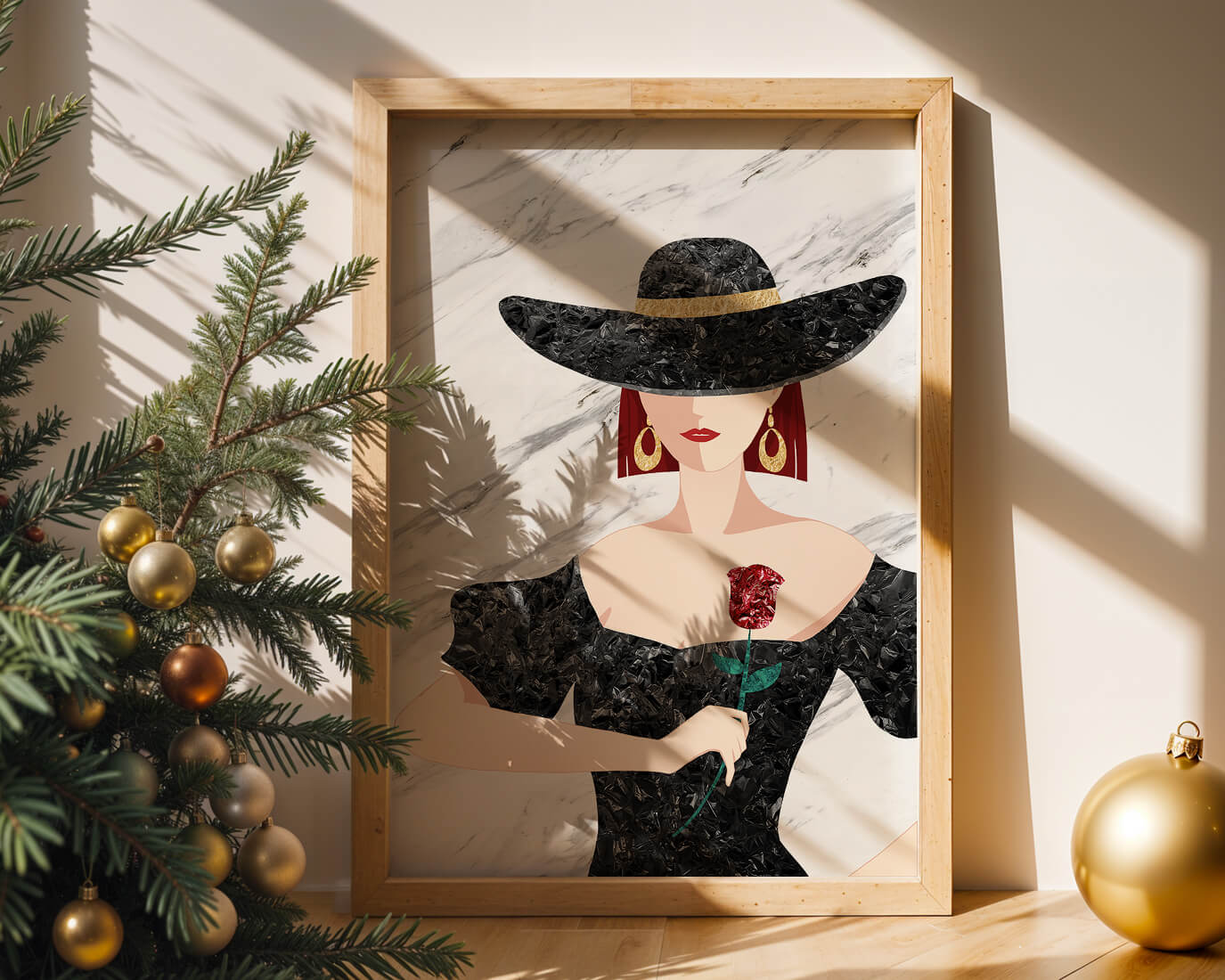 Elegant woman in wide-brimmed hat holding a rose on marble background