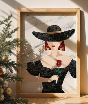 Elegant woman in wide-brimmed hat holding a rose on marble background