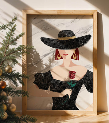 Elegant woman in wide-brimmed hat holding a rose on marble background