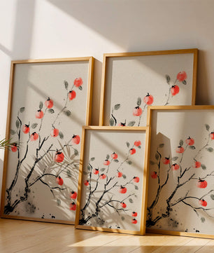 Elegant botanical illustration with vibrant red fruit on branches