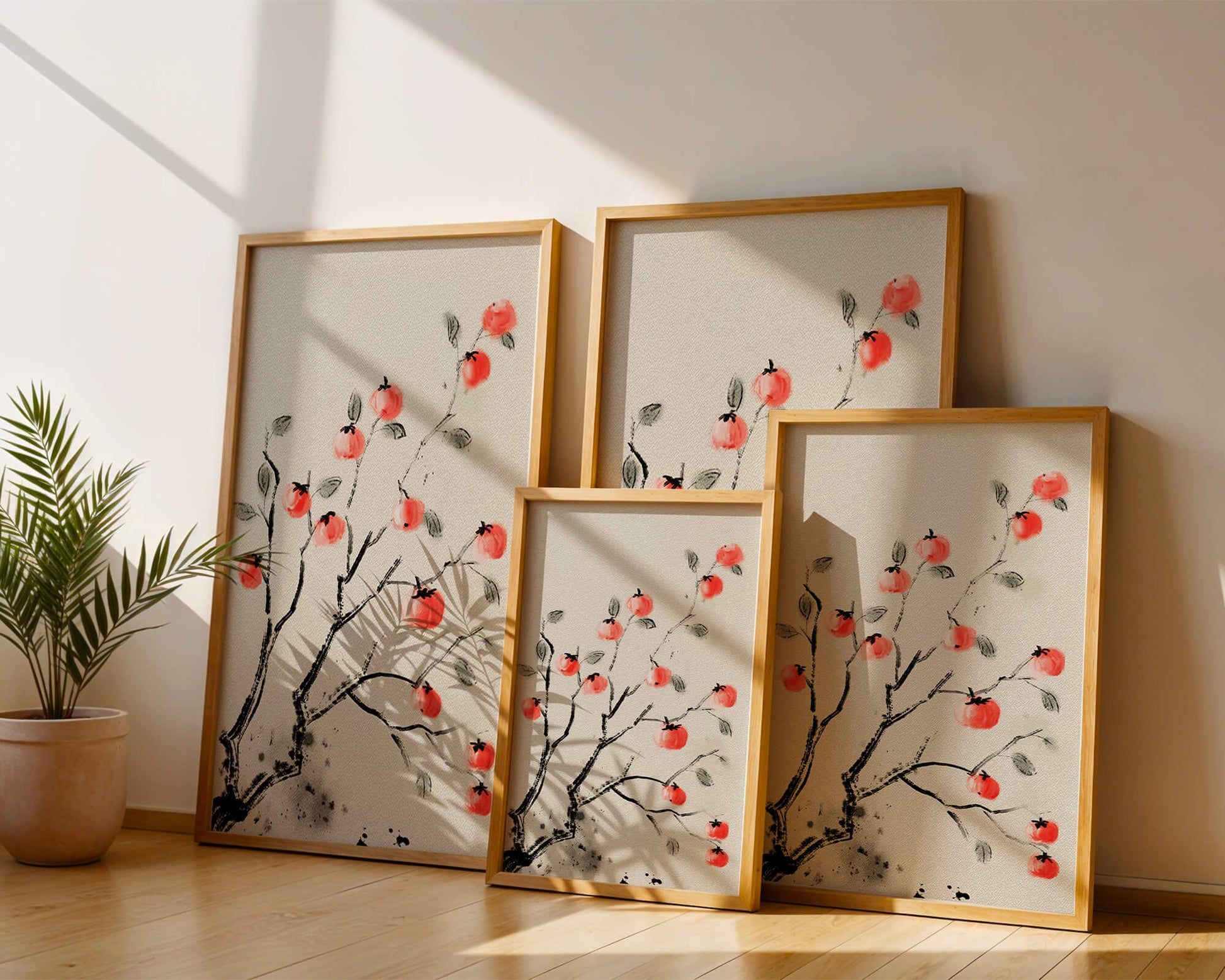 Elegant botanical illustration with vibrant red fruit on branches