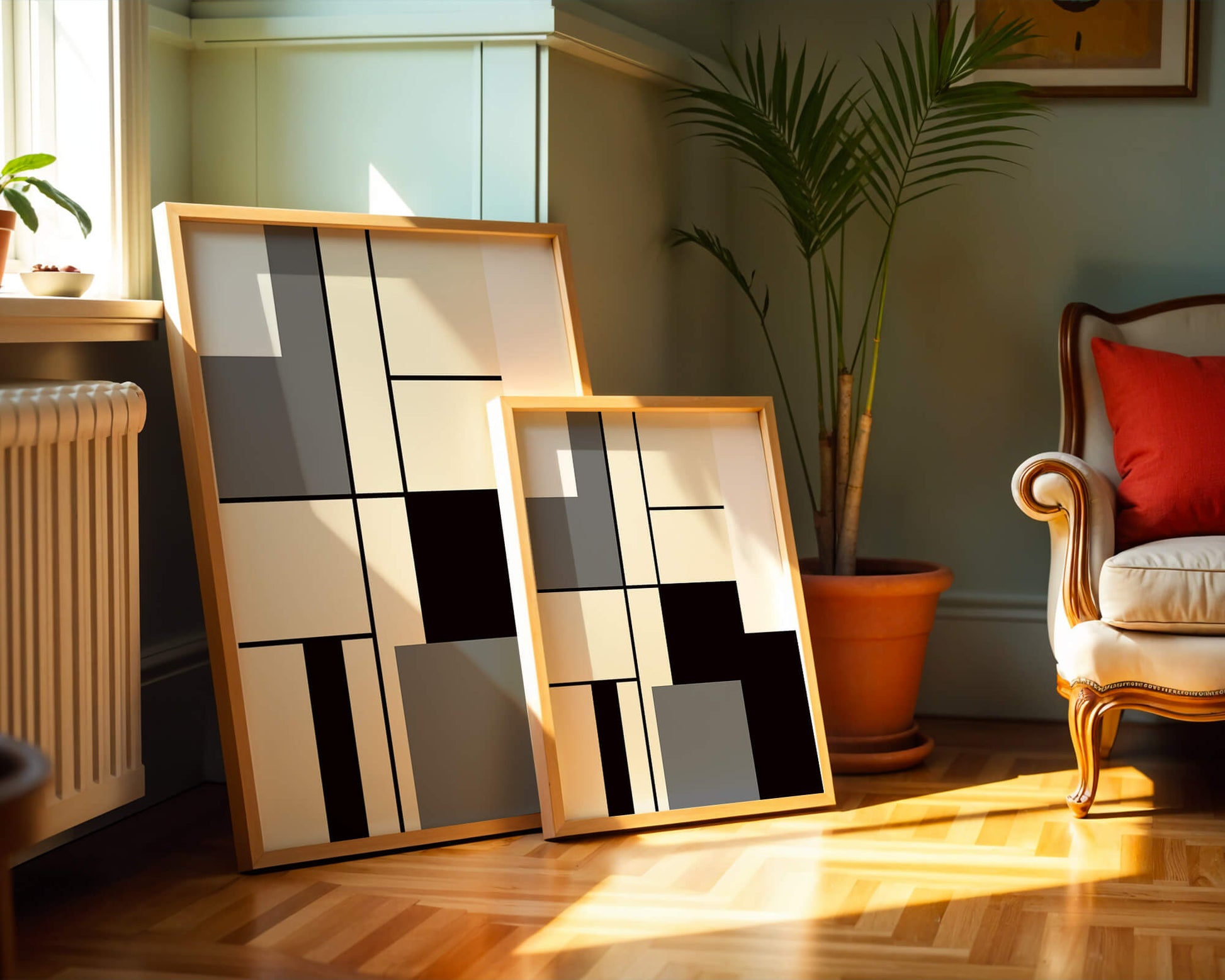 Abstract geometric design with muted shades and bold lines