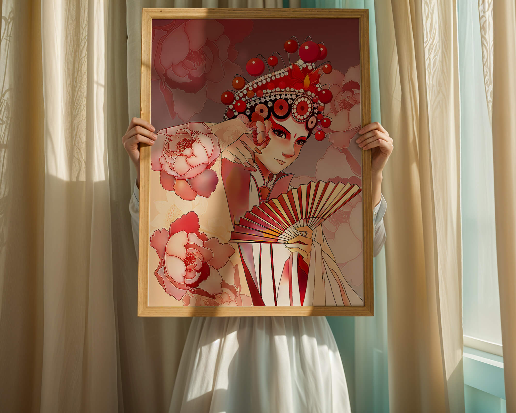 Traditional Asian artwork with floral motifs and ornate headpiece