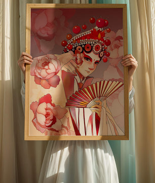 Traditional Asian artwork with floral motifs and ornate headpiece