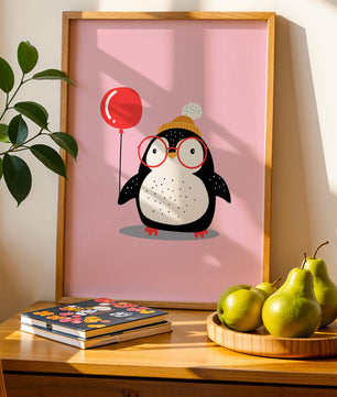 Ilustración adorable de un pingüino con globo y gafas