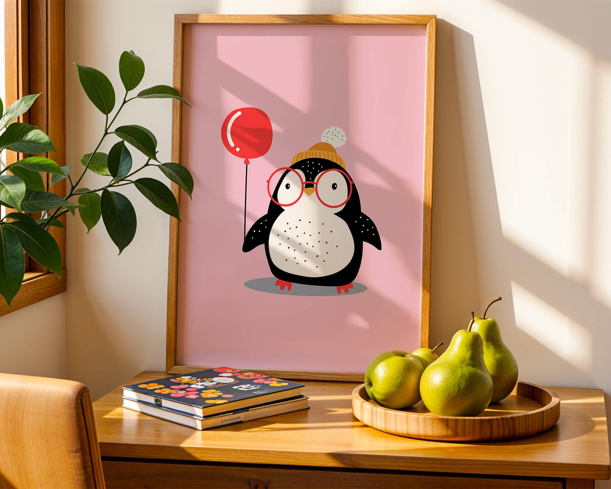 Adorable penguin with balloon and glasses illustration