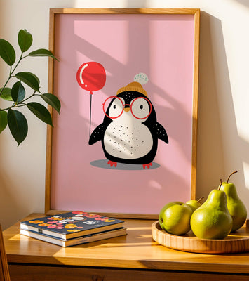 Adorable penguin with balloon and glasses illustration