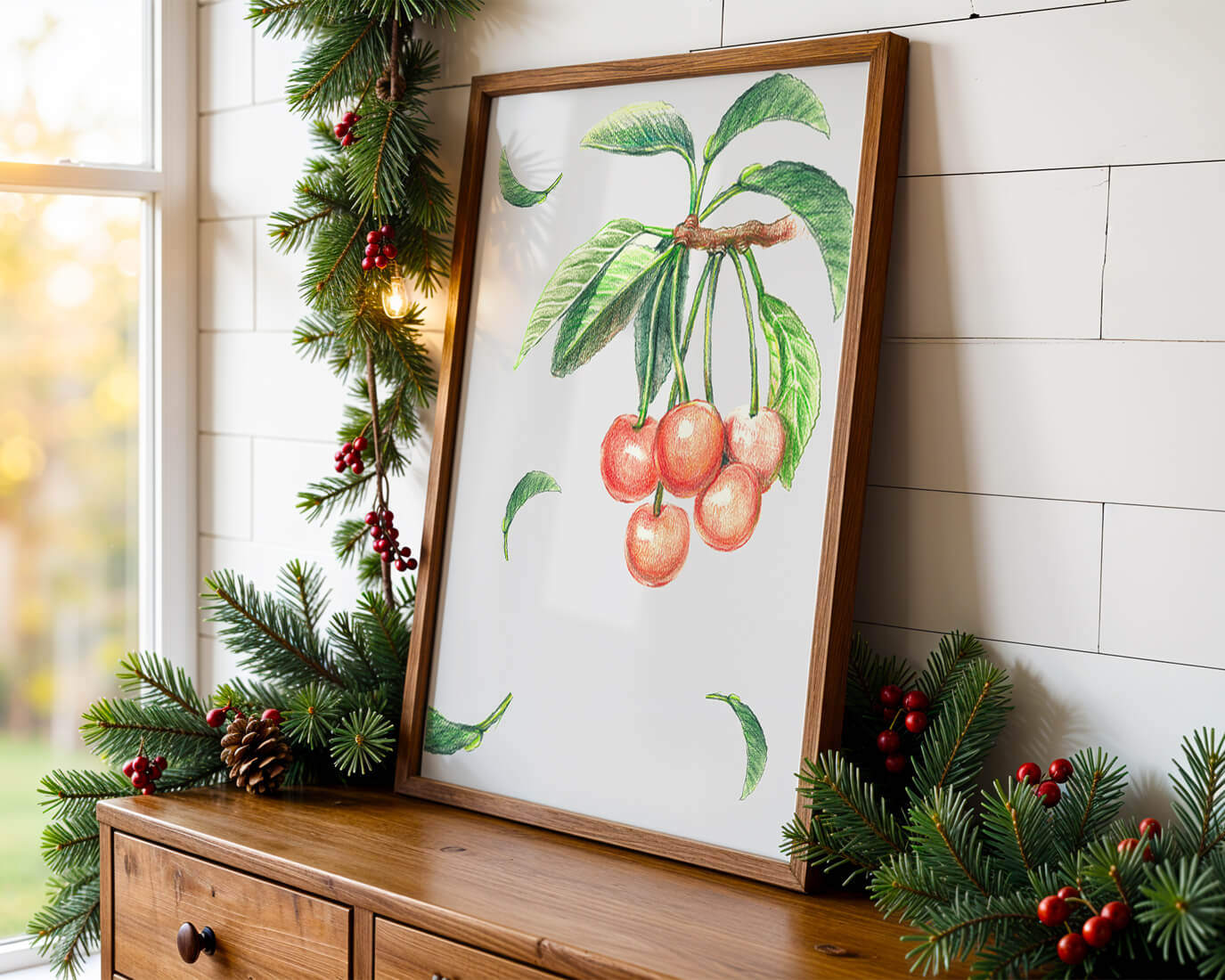 Realistic Illustration of Cherry Branch with Green Leaves