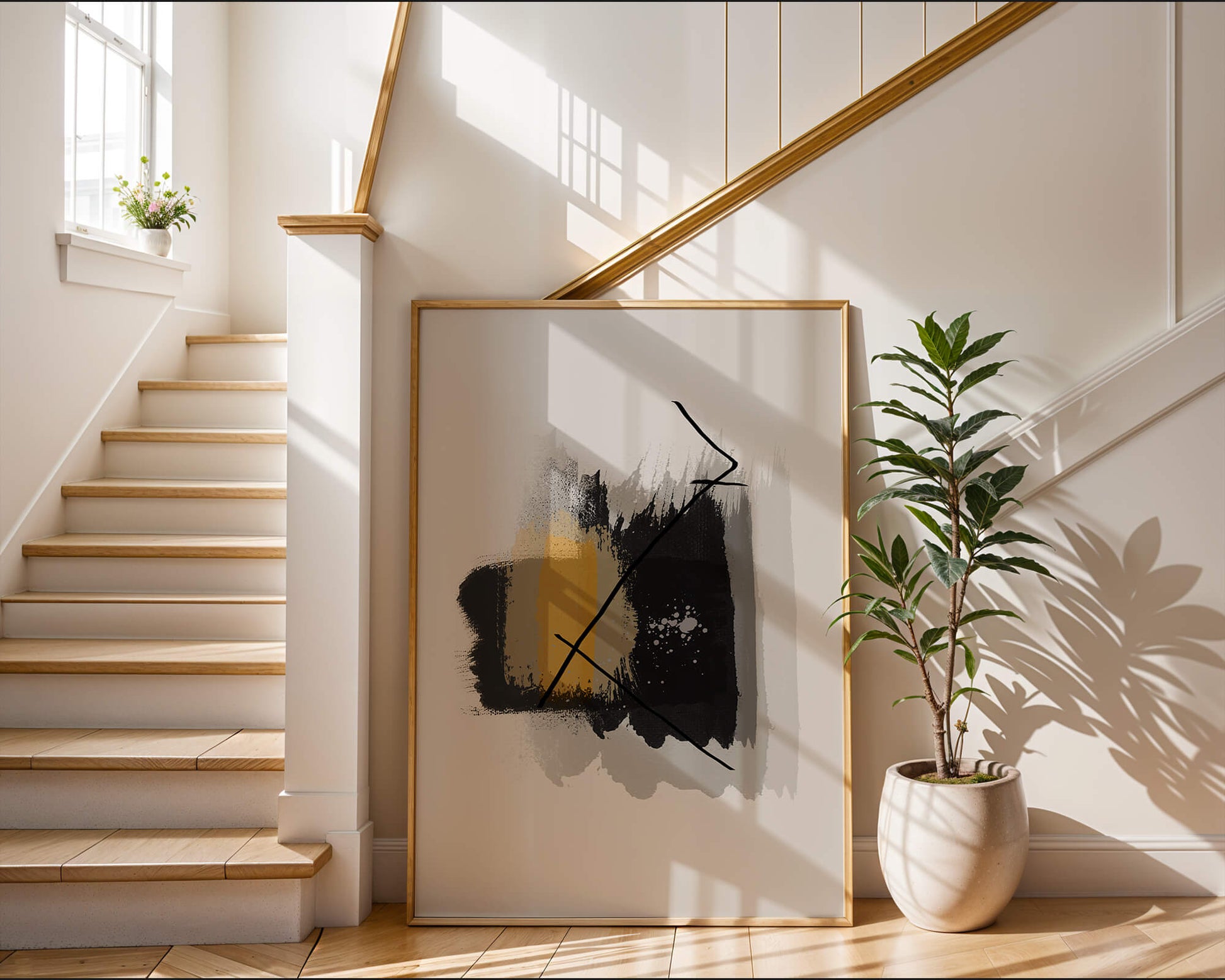 Abstract modern art with golden and black brush strokes