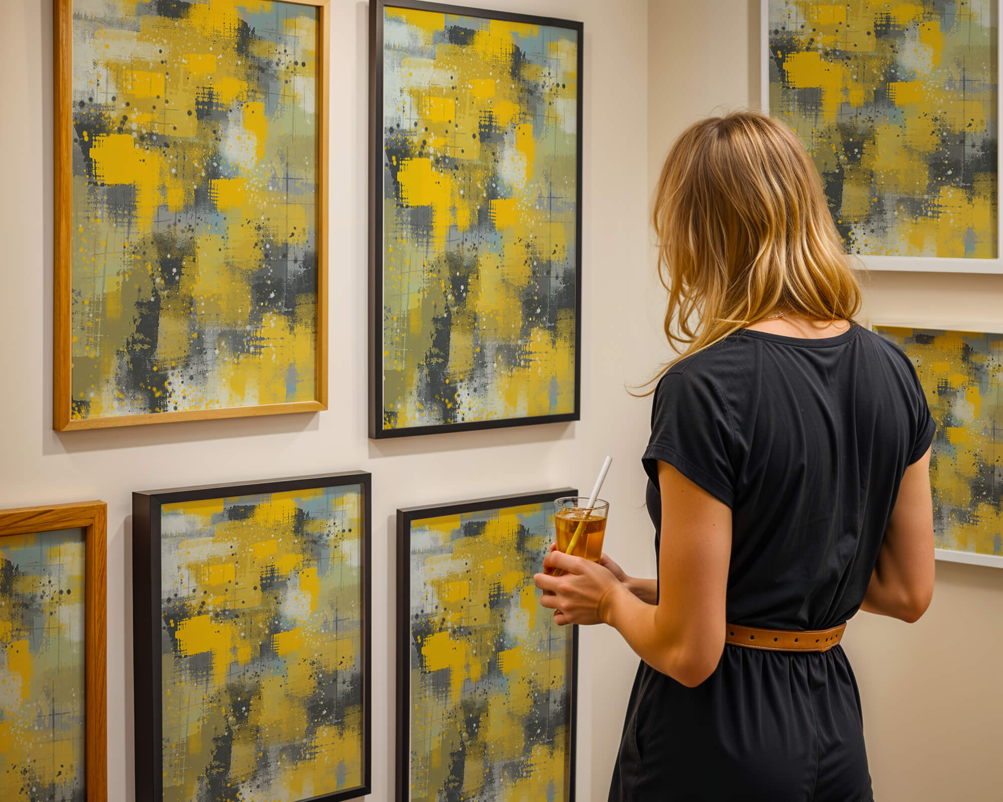 Abstract Yellow and Gray Geometric Art with Textured Patterns - Mi tienda