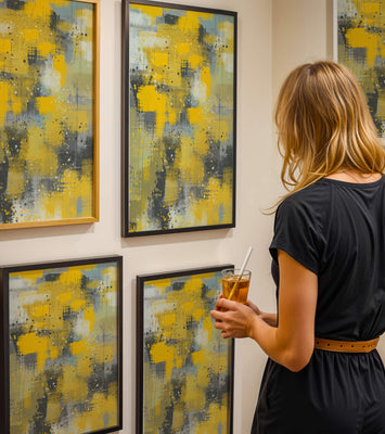 Abstract Yellow and Gray Geometric Art with Textured Patterns