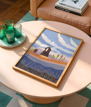 Paysage coloré avec moulin à vent et arbres abstraits