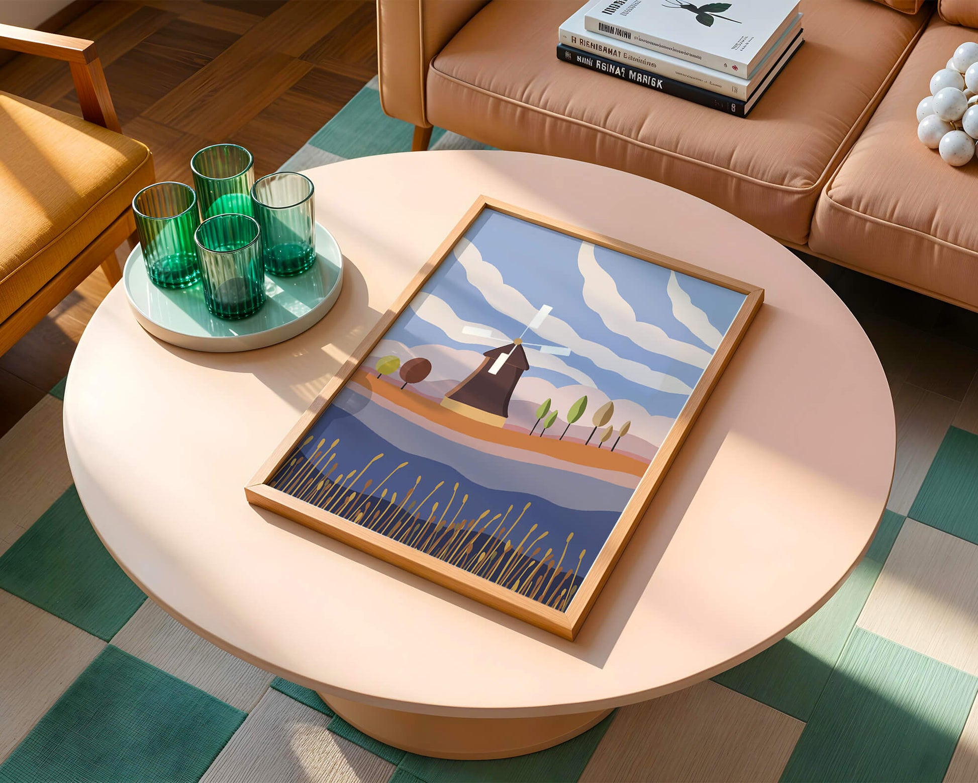 Colorful Landscape Featuring Windmill and Abstract Trees