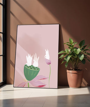 Whimsical Rabbits on Lotus with Pink Background