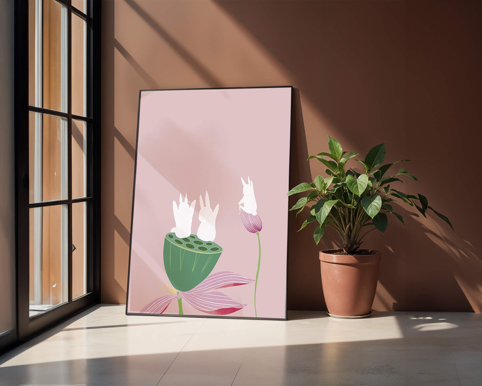Whimsical Rabbits on Lotus with Pink Background