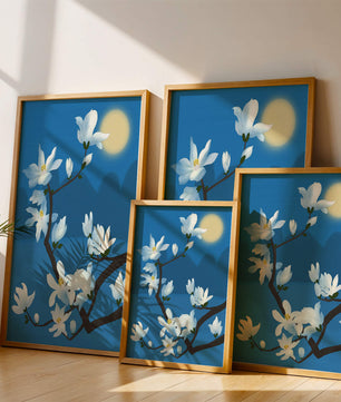 White magnolia branch under moonlight with blue background