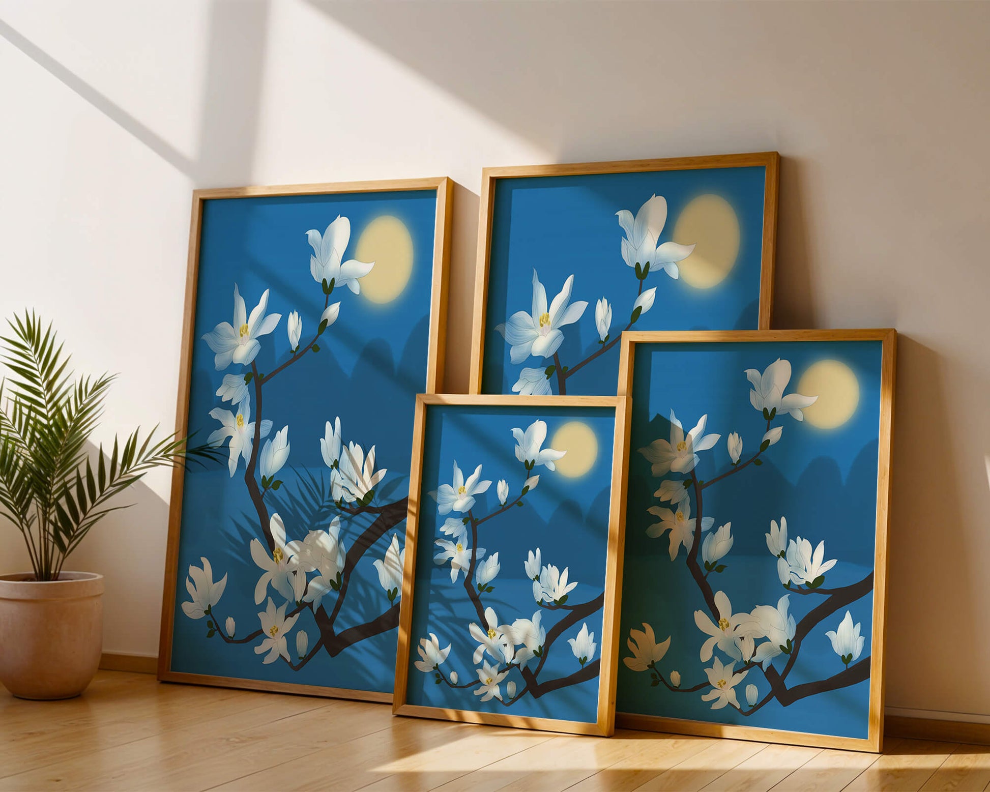 White magnolia branch under moonlight with blue background