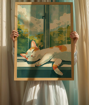 Peaceful Cat Napping by the Window with Sunlit Garden View - Mi tienda