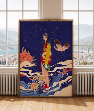 Fusion élégante d’art traditionnel et moderne avec des éléments floraux et aviaires