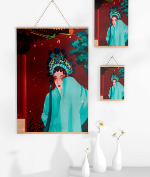 Traditional Asian art with elegant woman in traditional attire