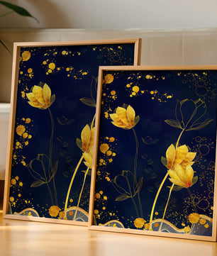 Elegant floral artwork with golden accents on deep blue background