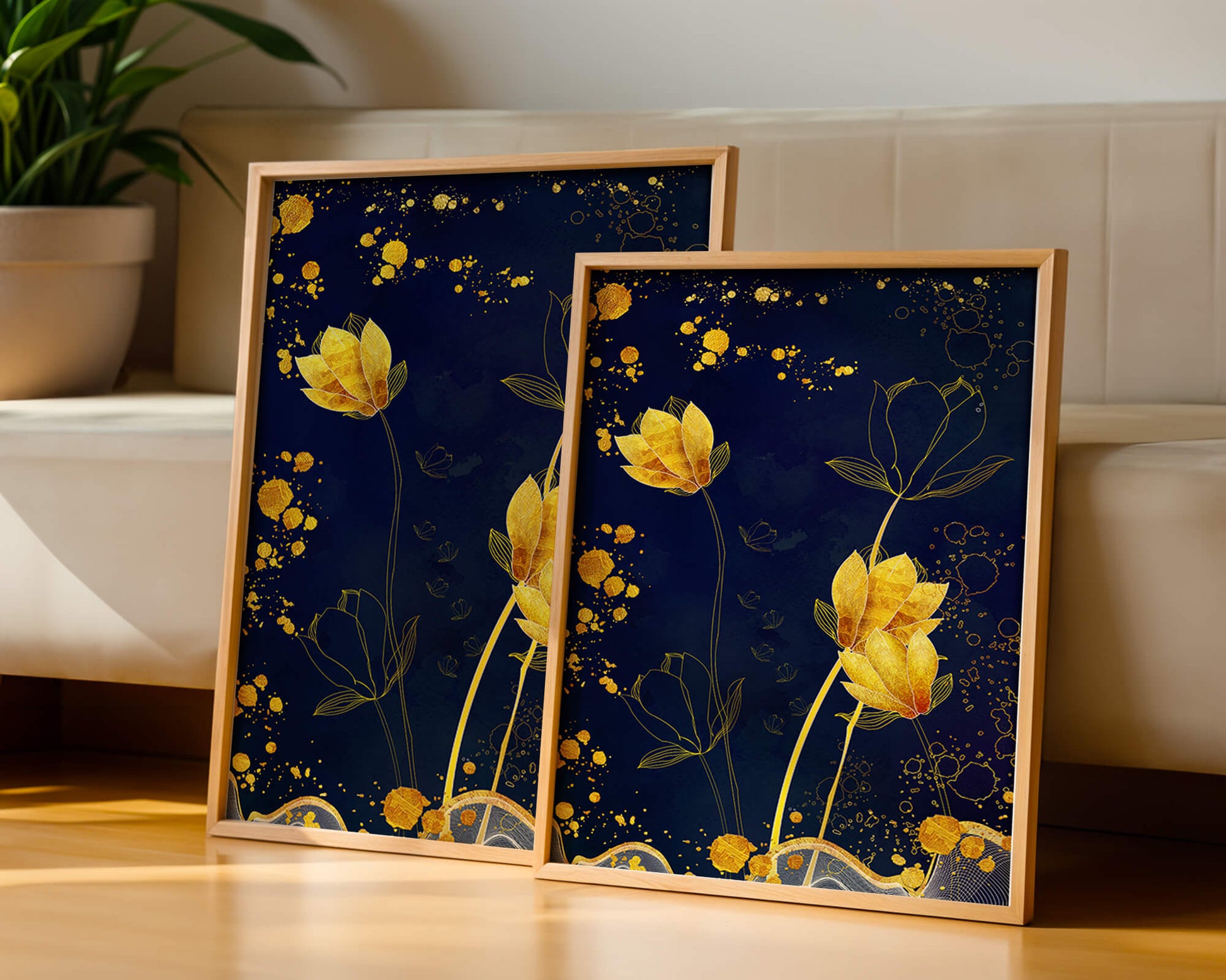 Elegant floral artwork with golden accents on deep blue background