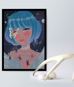 Portrait surréaliste d'une figure mystique aux cheveux bleus et aux papillons