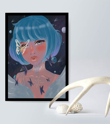 Surreal portrait of a mystical figure with blue hair and butterflies