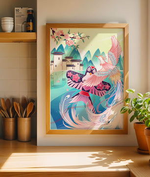 Illustration colorée d’oiseaux et de fleurs avec une architecture orientale