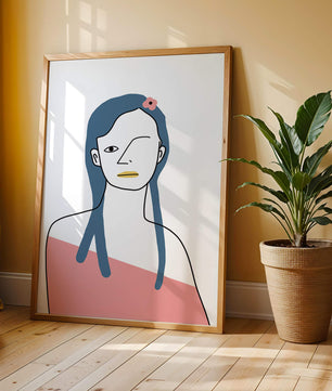 Abstract Portrait with Blue Hair and Floral Accent - Mi tienda