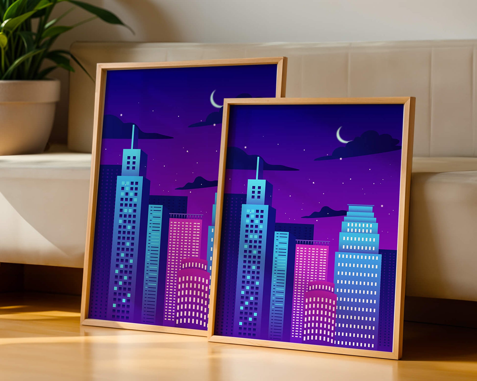 Vibrant city skyline at night with modern skyscrapers and starry sky