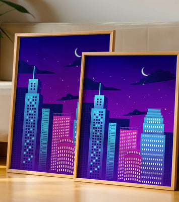 Vibrant city skyline at night with modern skyscrapers and starry sky