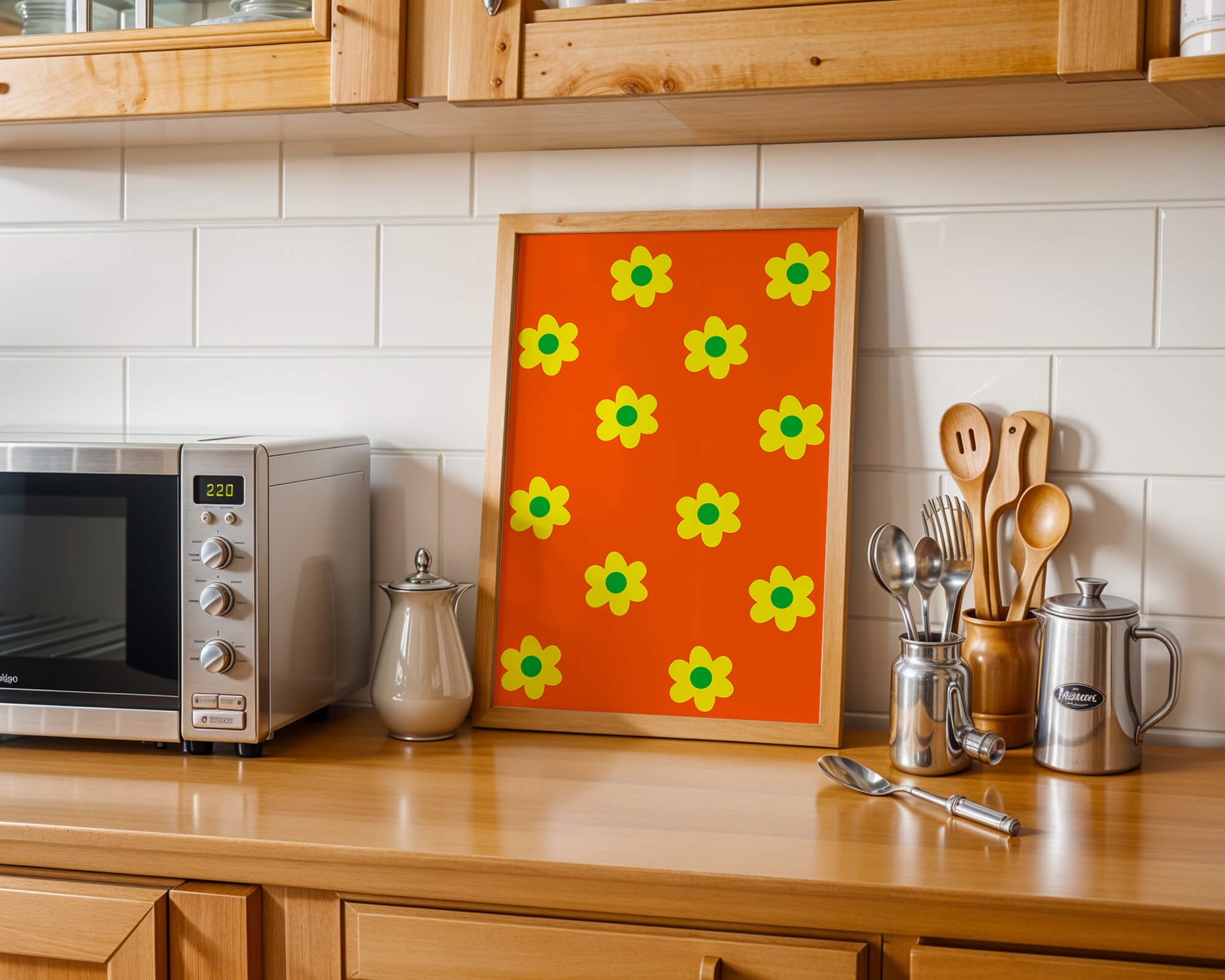 Colorful floral pattern with yellow flowers on orange background